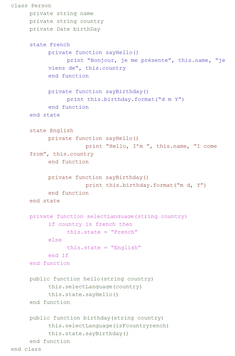 A pseudo code example with the same problematic but using the state pattern